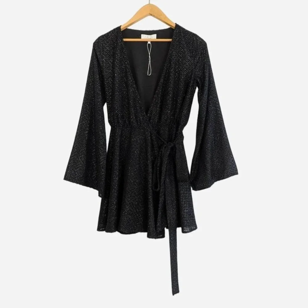 L'Academie The Wrap Mini Dress Black Metallic Eyelash Fringe NWOT Small - Picture 4 of 11